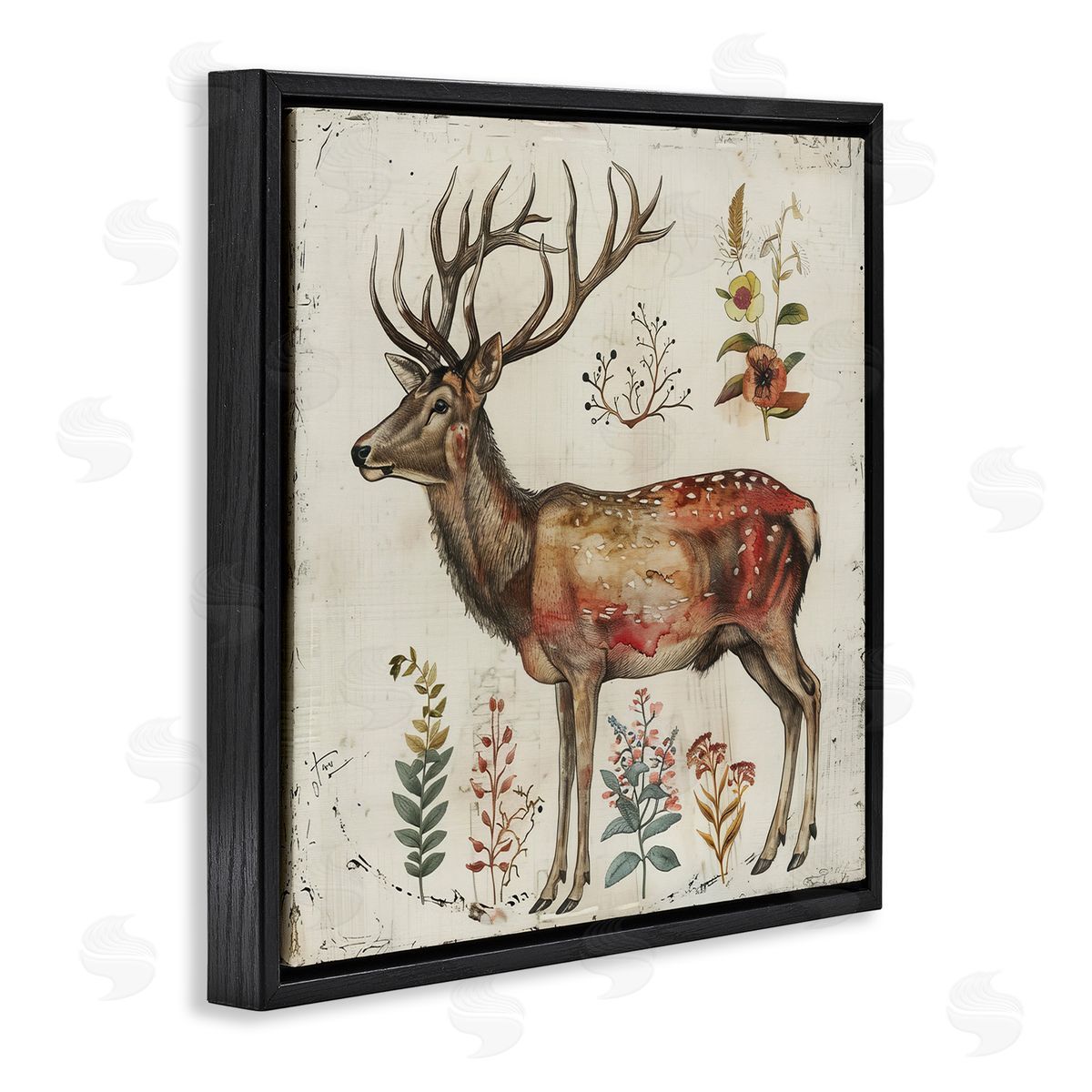 Forest Elk with Botanicals Black Floating Frame Canvas Wall Art, Home Decor by Lazar Studio