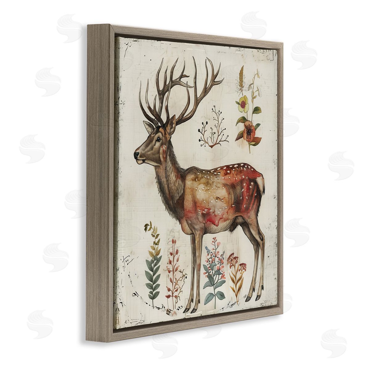Forest Elk with Botanicals Brown Floating Frame Canvas Wall Art, Home Decor by Lazar Studio