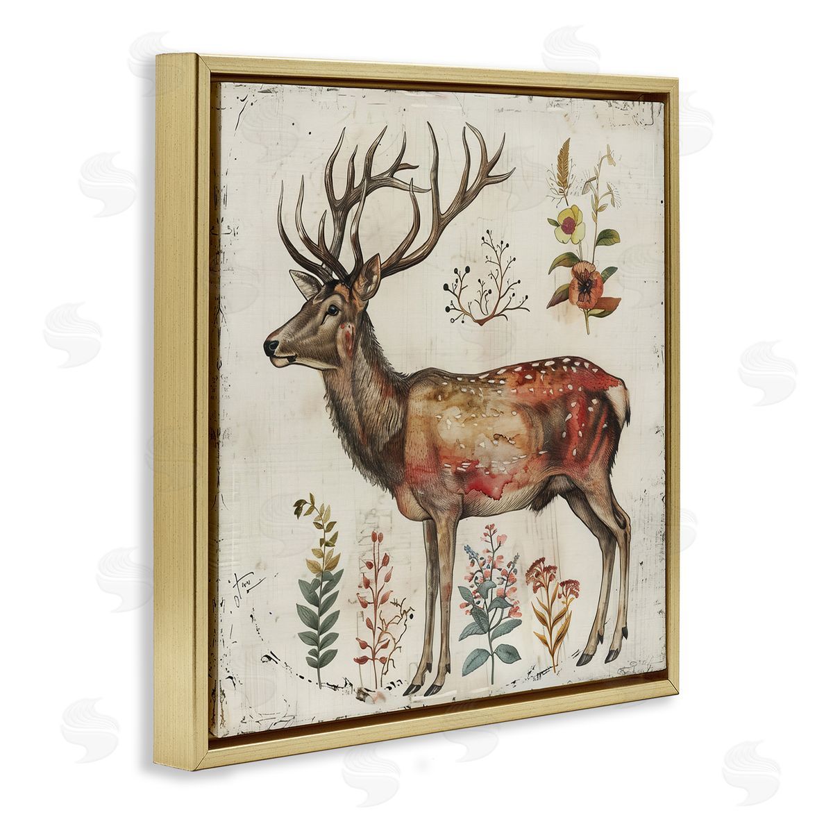 Forest Elk with Botanicals Gold Floating Frame Canvas Wall Art, Home Decor by Lazar Studio