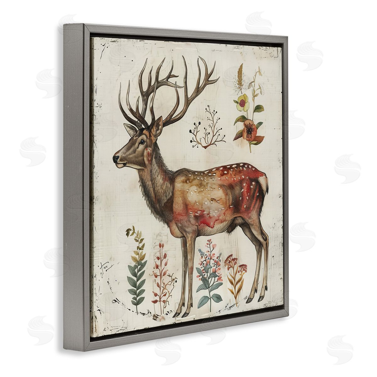 Forest Elk with Botanicals Grey Floating Frame Canvas Wall Art, Home Decor by Lazar Studio