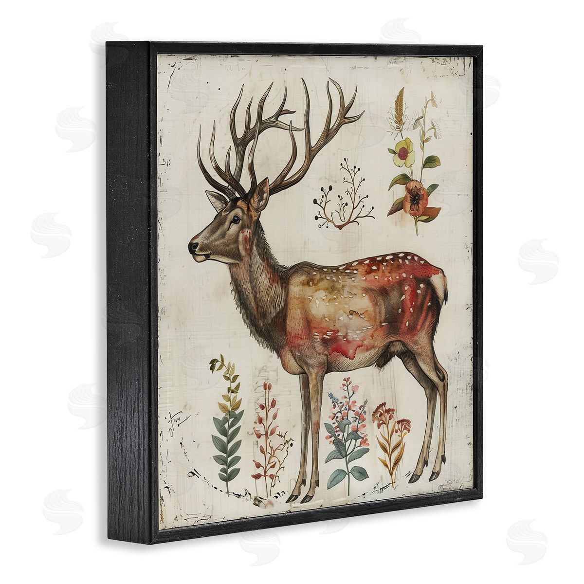 Forest Elk with Botanicals Black Frame Print Wall Art, Home Decor by Lazar Studio