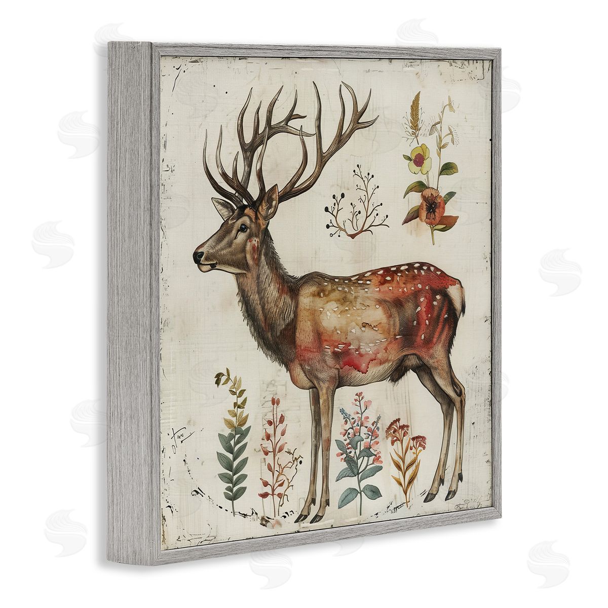 Forest Elk with Botanicals Grey Frame Print Wall Art, Home Decor by Lazar Studio