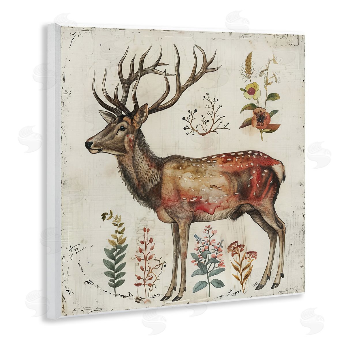Forest Elk with Botanicals Wood Plaque Wall Art, Home Decor by Lazar Studio