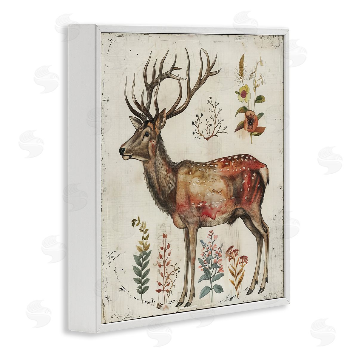 Forest Elk with Botanicals White Frame Print Wall Art, Home Decor by Lazar Studio