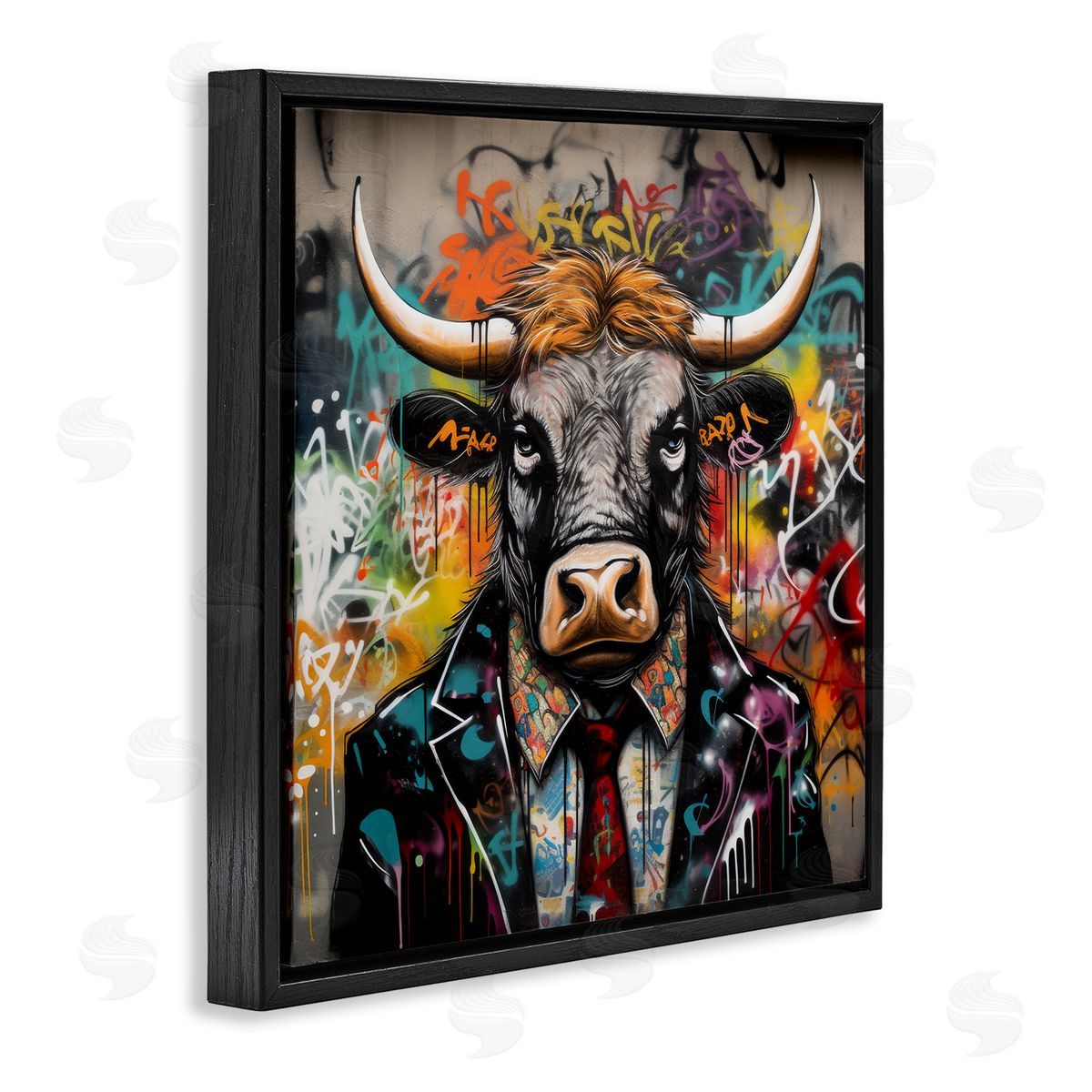 Urban Graffiti Bull Black Floating Frame Canvas Wall Art, Home Decor by Lazar Studio