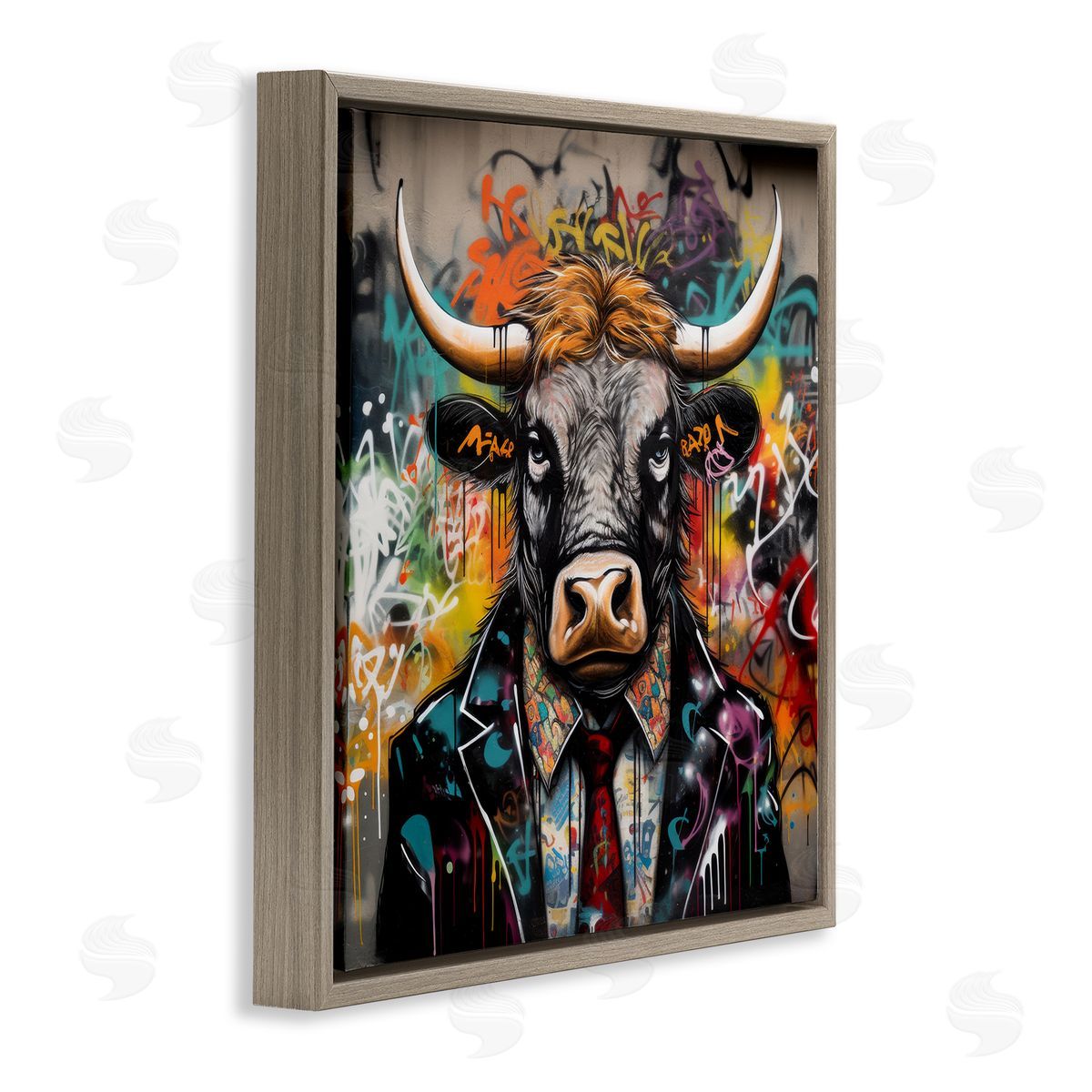 Urban Graffiti Bull Brown Floating Frame Canvas Wall Art, Home Decor by Lazar Studio