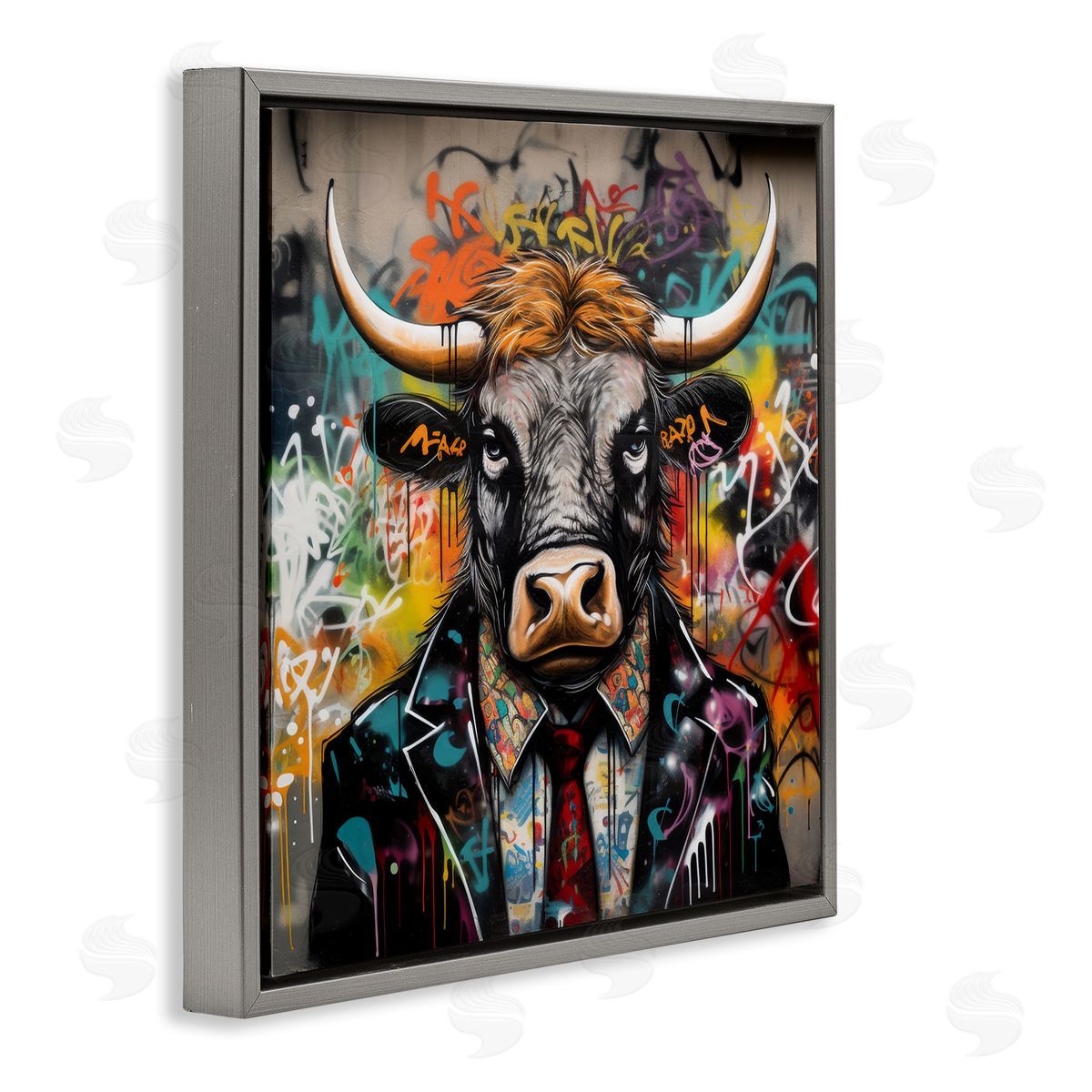Urban Graffiti Bull Grey Floating Frame Canvas Wall Art, Home Decor by Lazar Studio