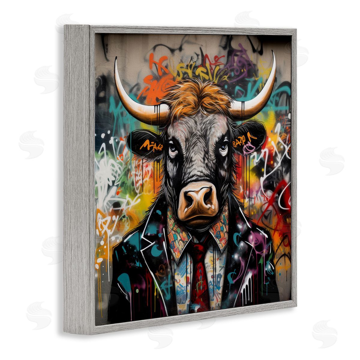 Urban Graffiti Bull Grey Frame Print Wall Art, Home Decor by Lazar Studio