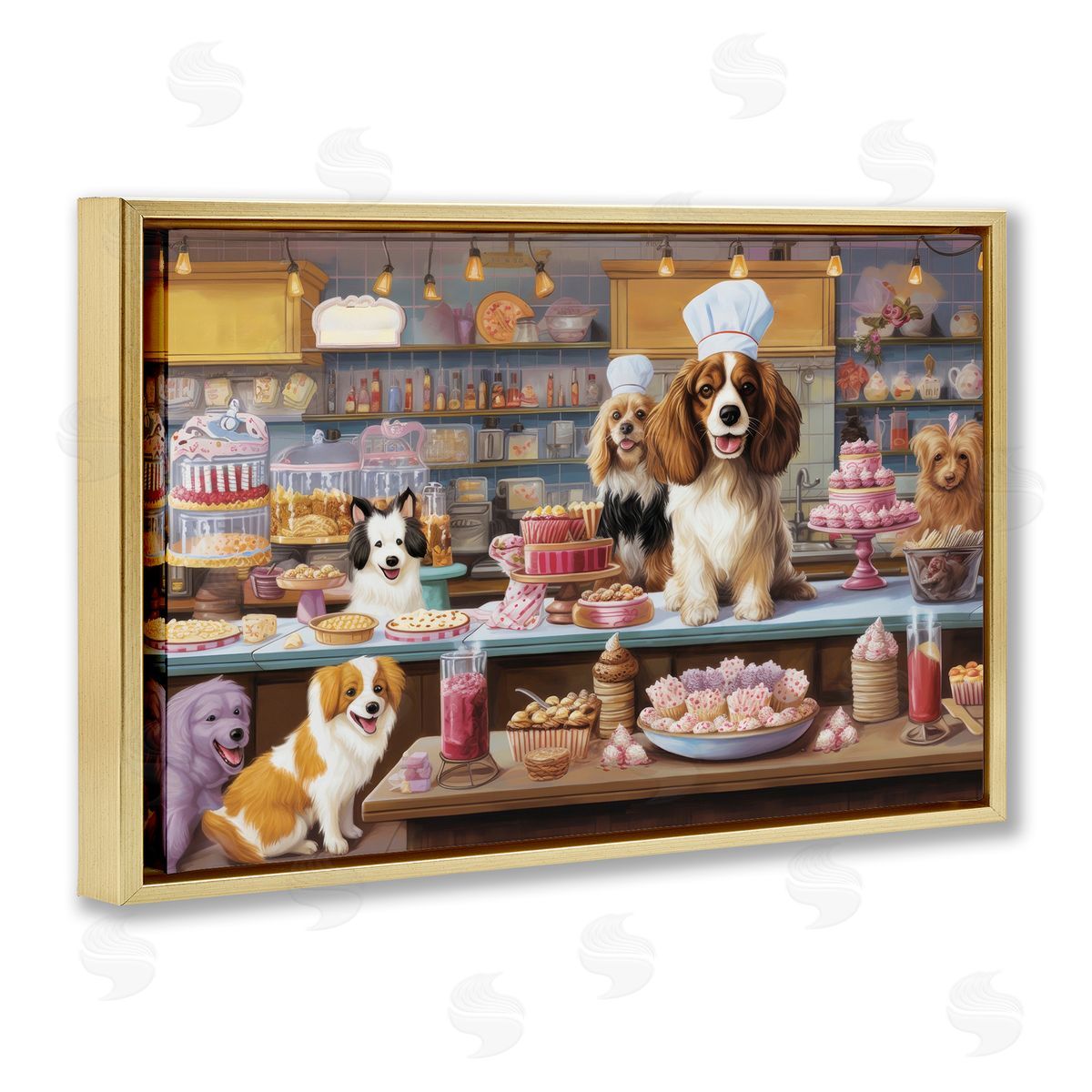 Sweet Treats Pastry Dogs Gold Floating Frame Canvas Wall Art, Home Decor by Lazar Studio