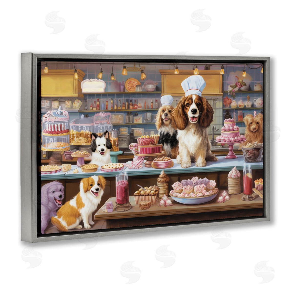 Sweet Treats Pastry Dogs Grey Floating Frame Canvas Wall Art, Home Decor by Lazar Studio
