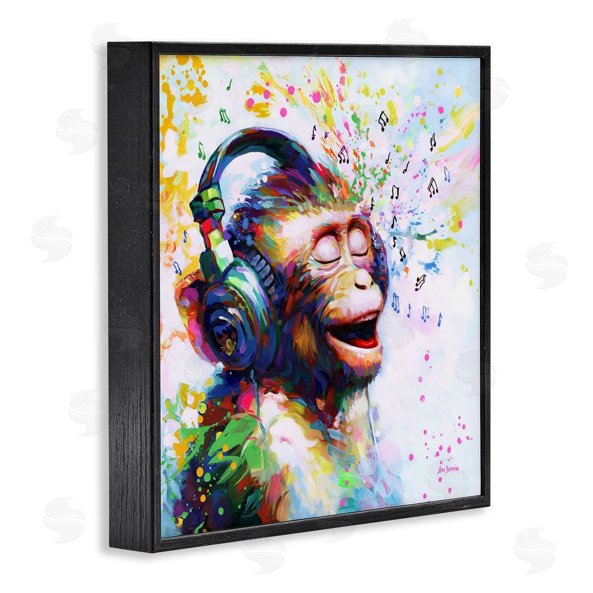 Blissful Beats Monkey Black Frame Print Wall Art, Home Decor by Leon Devenice