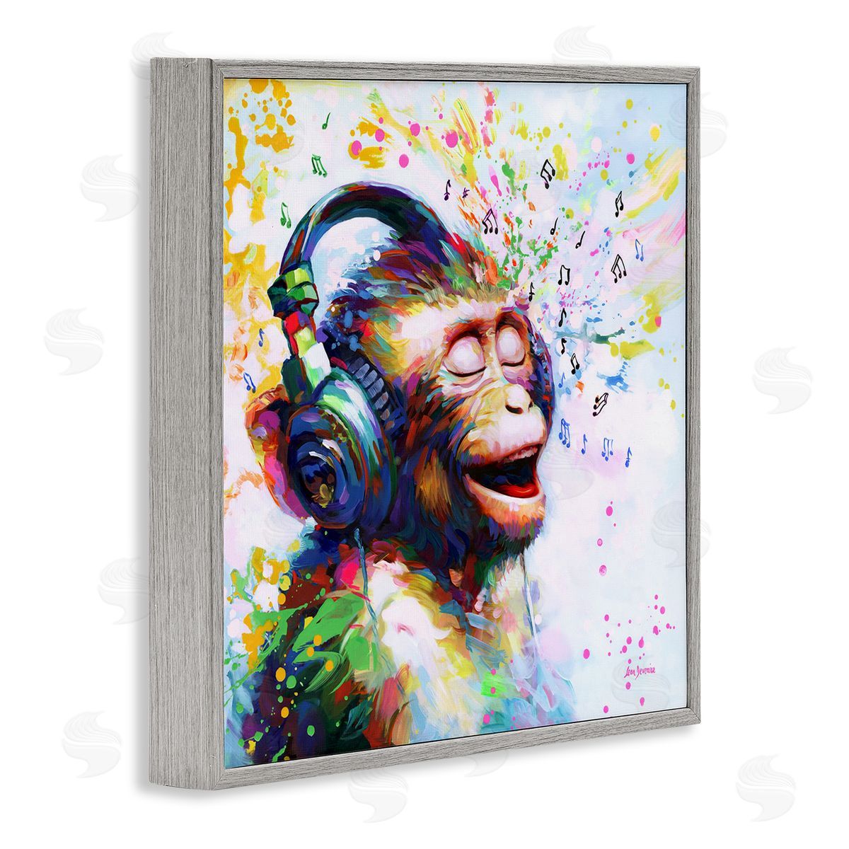 Blissful Beats Monkey Grey Frame Print Wall Art, Home Decor by Leon Devenice