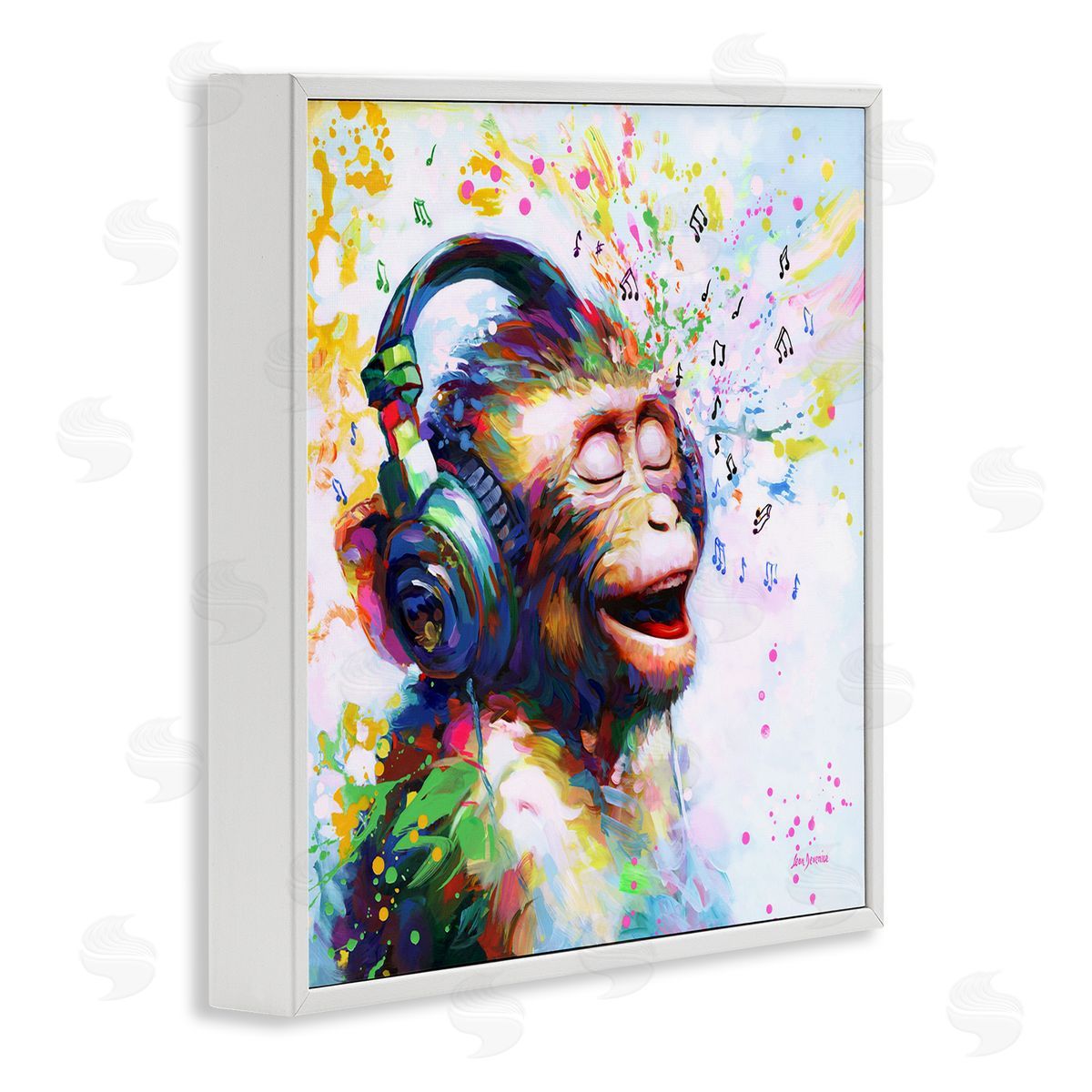 Blissful Beats Monkey White Frame Print Wall Art, Home Decor by Leon Devenice