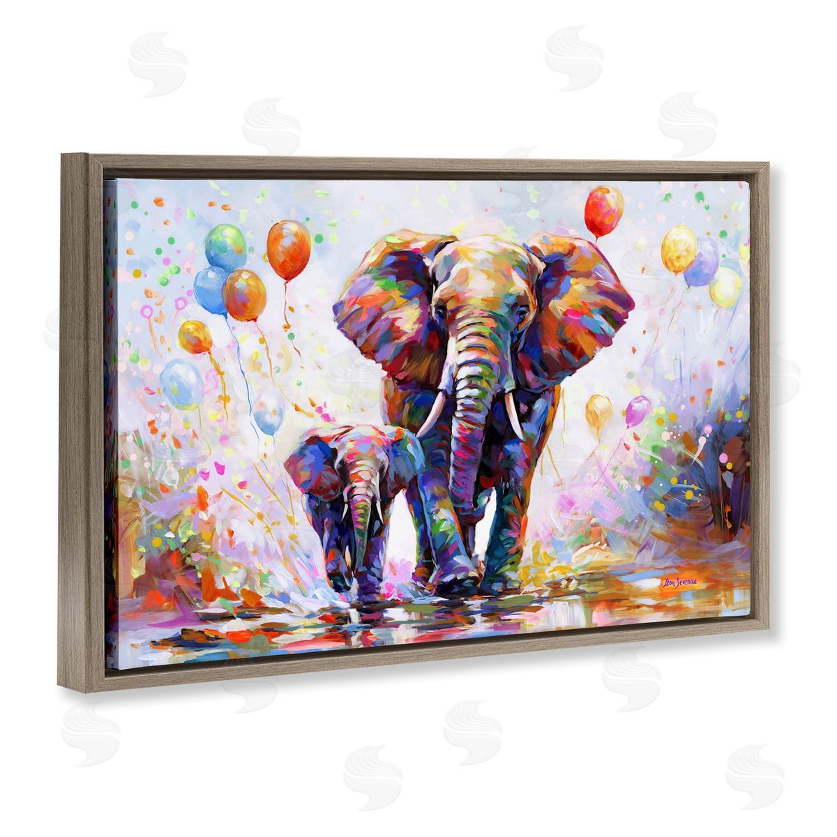 Elephants and Balloons Brown Floating Frame Canvas Wall Art, Home Decor by Leon Devenice