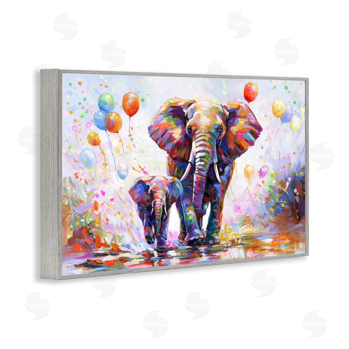 Elephants and Balloons Grey Frame Print Wall Art, Home Decor by Leon Devenice