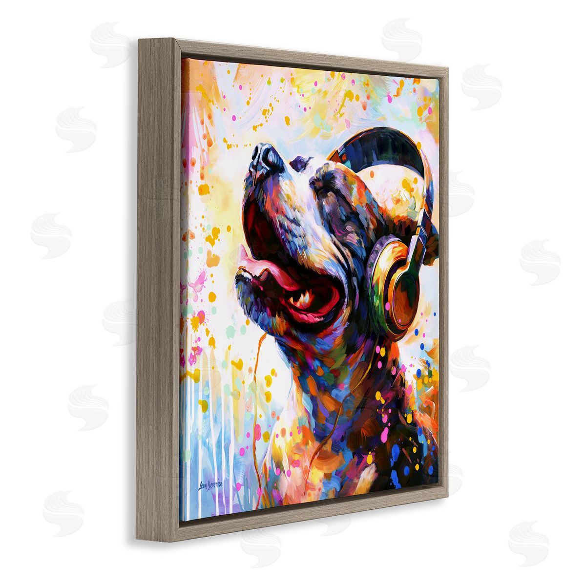 Happy Dog and Headphones Brown Floating Frame Canvas Wall Art, Home Decor by Leon Devenice