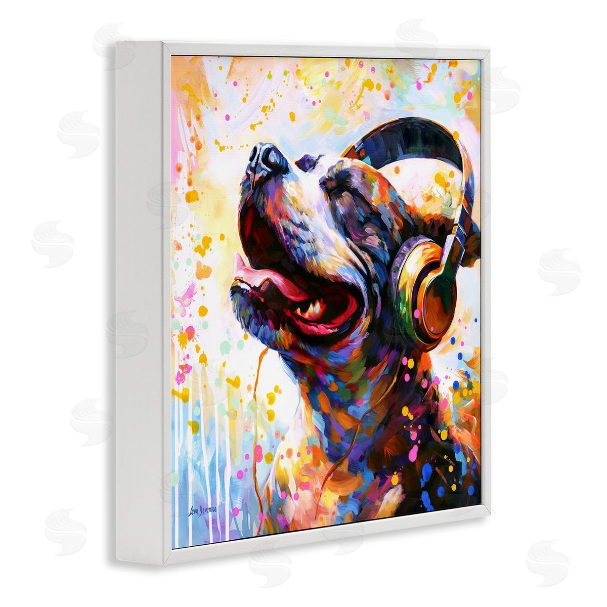 Happy Dog and Headphones White Frame Print Wall Art, Home Decor by Leon Devenice