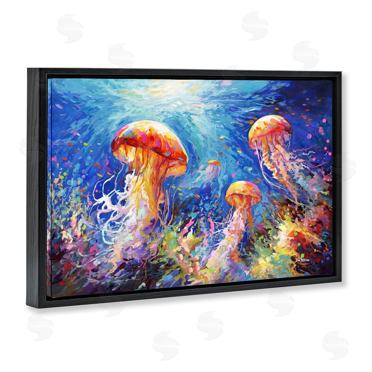 Jellyfish Serenade Underwater Black Floating Frame Canvas Wall Art, Home Decor by Leon Devenice