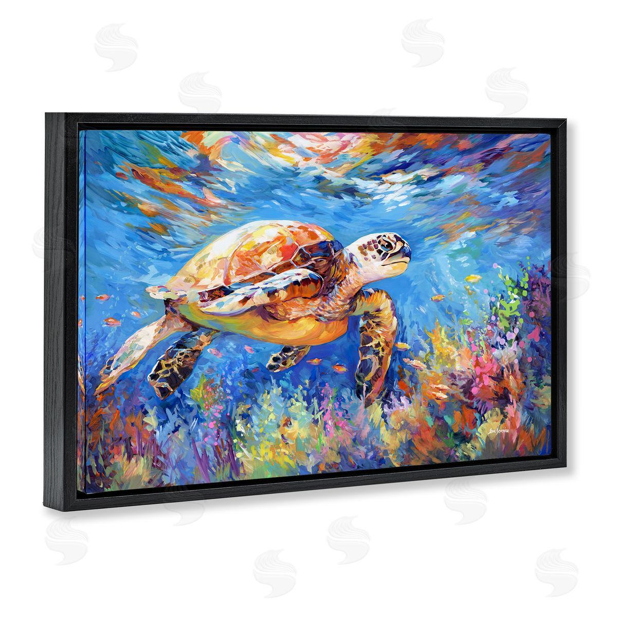 Sea Turtle's Adventure Black Floating Frame Canvas Wall Art, Home Decor by Leon Devenice