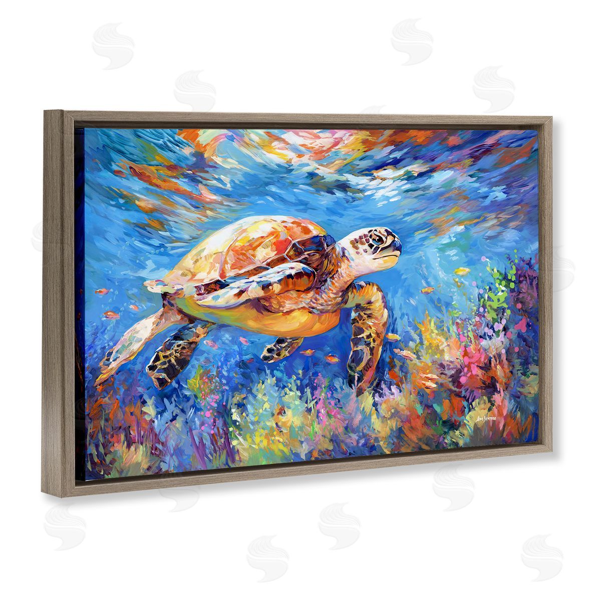 Sea Turtle's Adventure Brown Floating Frame Canvas Wall Art, Home Decor by Leon Devenice