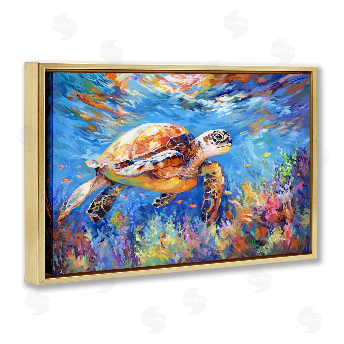 Sea Turtle's Adventure Gold Floating Frame Canvas Wall Art, Home Decor by Leon Devenice