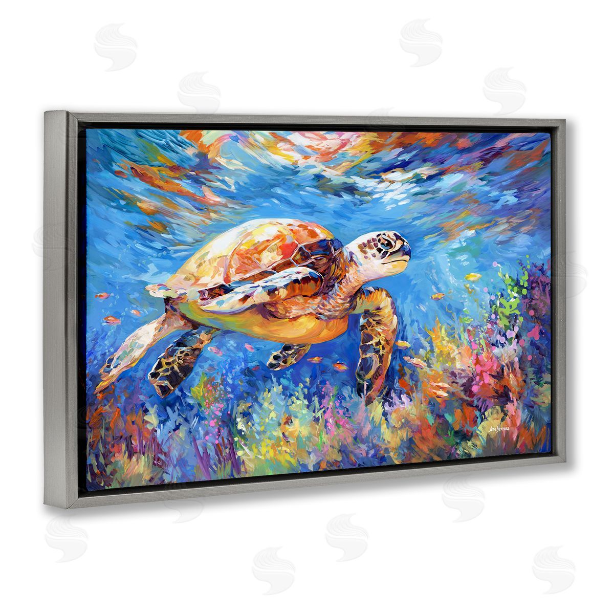 Sea Turtle's Adventure Grey Floating Frame Canvas Wall Art, Home Decor by Leon Devenice