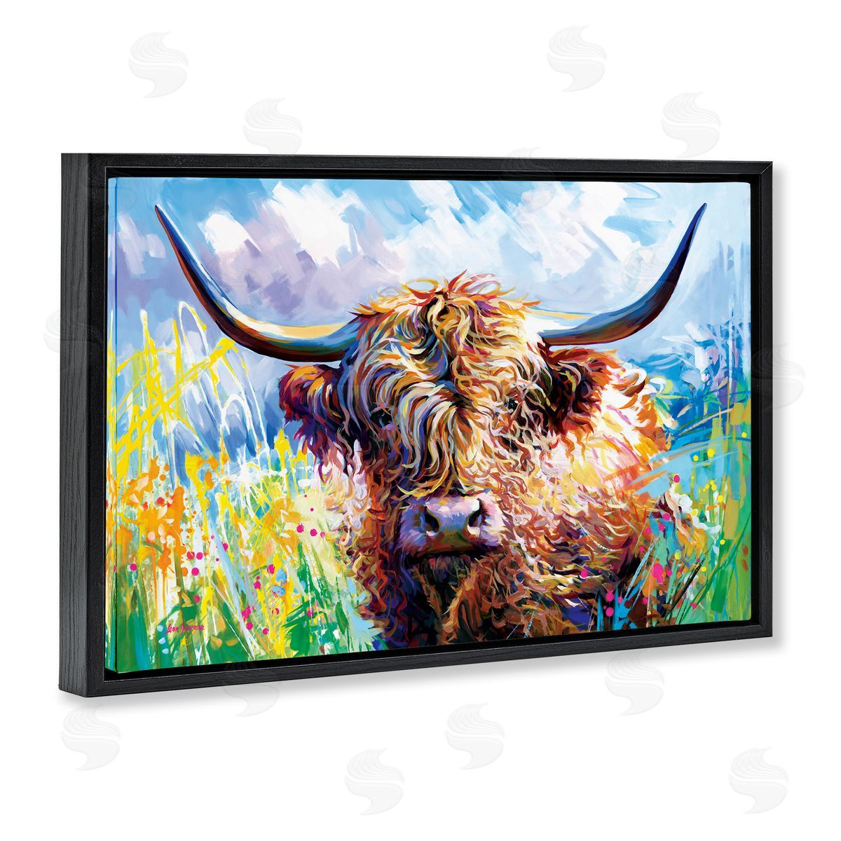 Long Haired Highland Cattle Black Floating Frame Canvas Wall Art, Home Decor by Leon Devenice