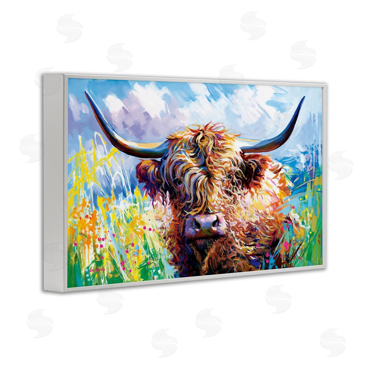 Long Haired Highland Cattle White Frame Print Wall Art, Home Decor by Leon Devenice