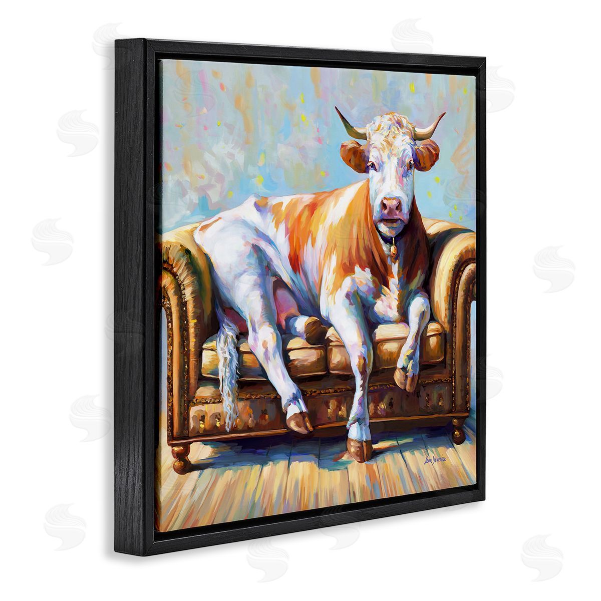 Cow's Day Off Black Floating Frame Canvas Wall Art, Home Decor by Leon Devenice
