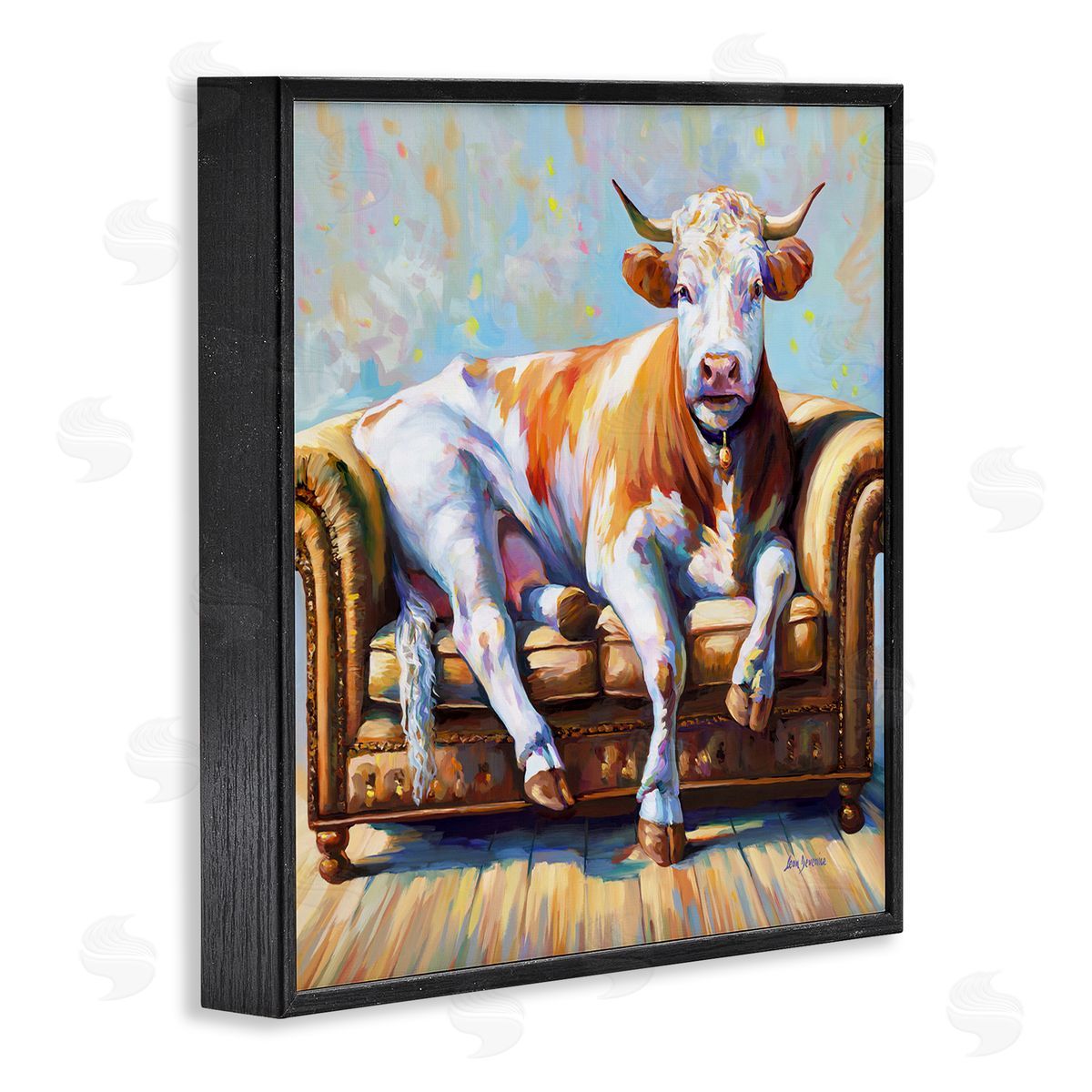 Cow's Day Off Black Frame Print Wall Art, Home Decor by Leon Devenice