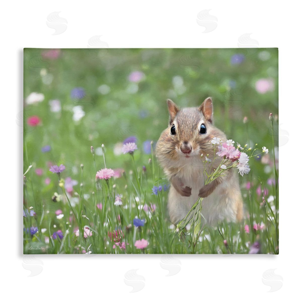 Chipmunk Picking Flowers Canvas Wall Art, Home Decor by Lori Deiter