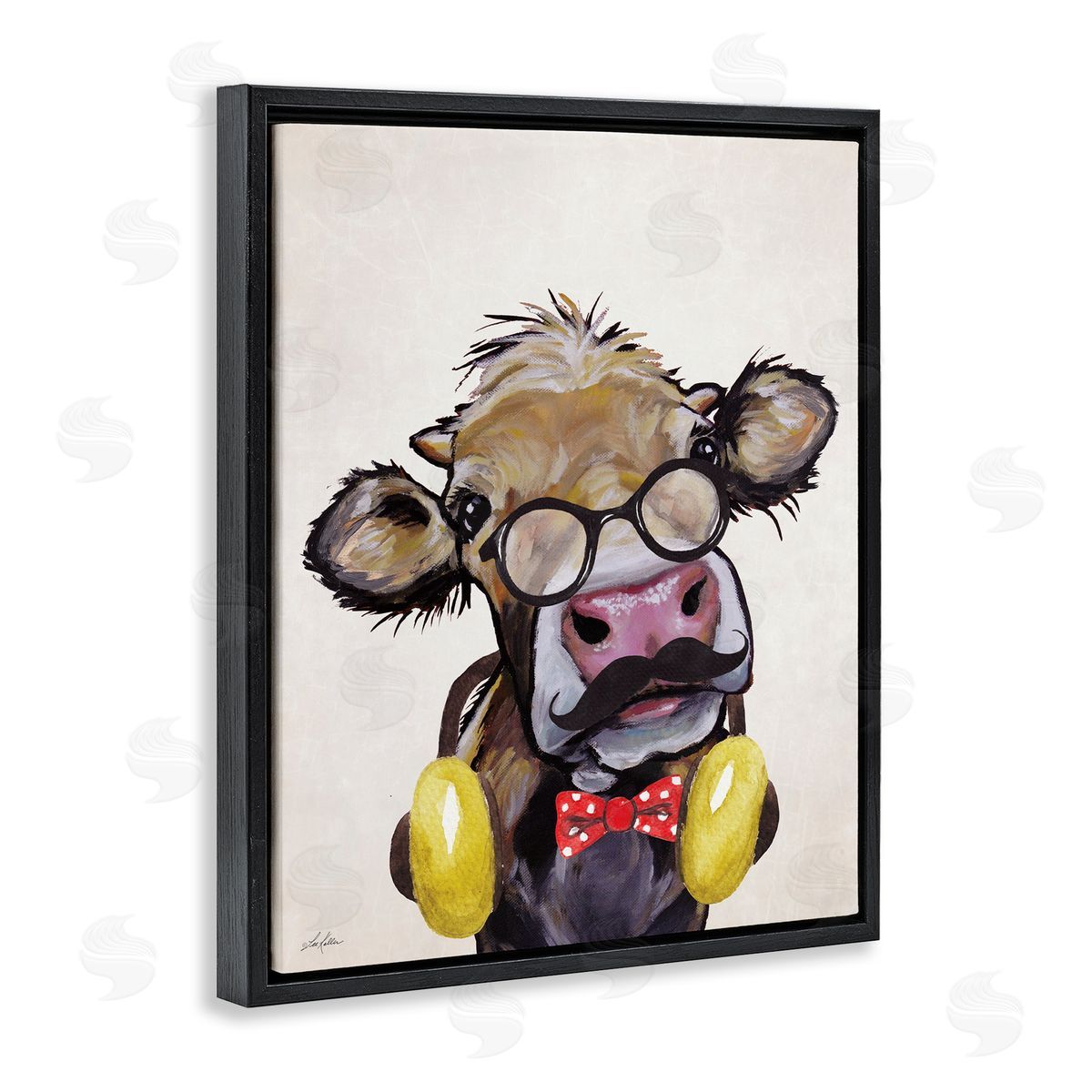 Hipster Cow and Headphones Black Floating Frame Canvas Wall Art, Home Decor by Lee Keller