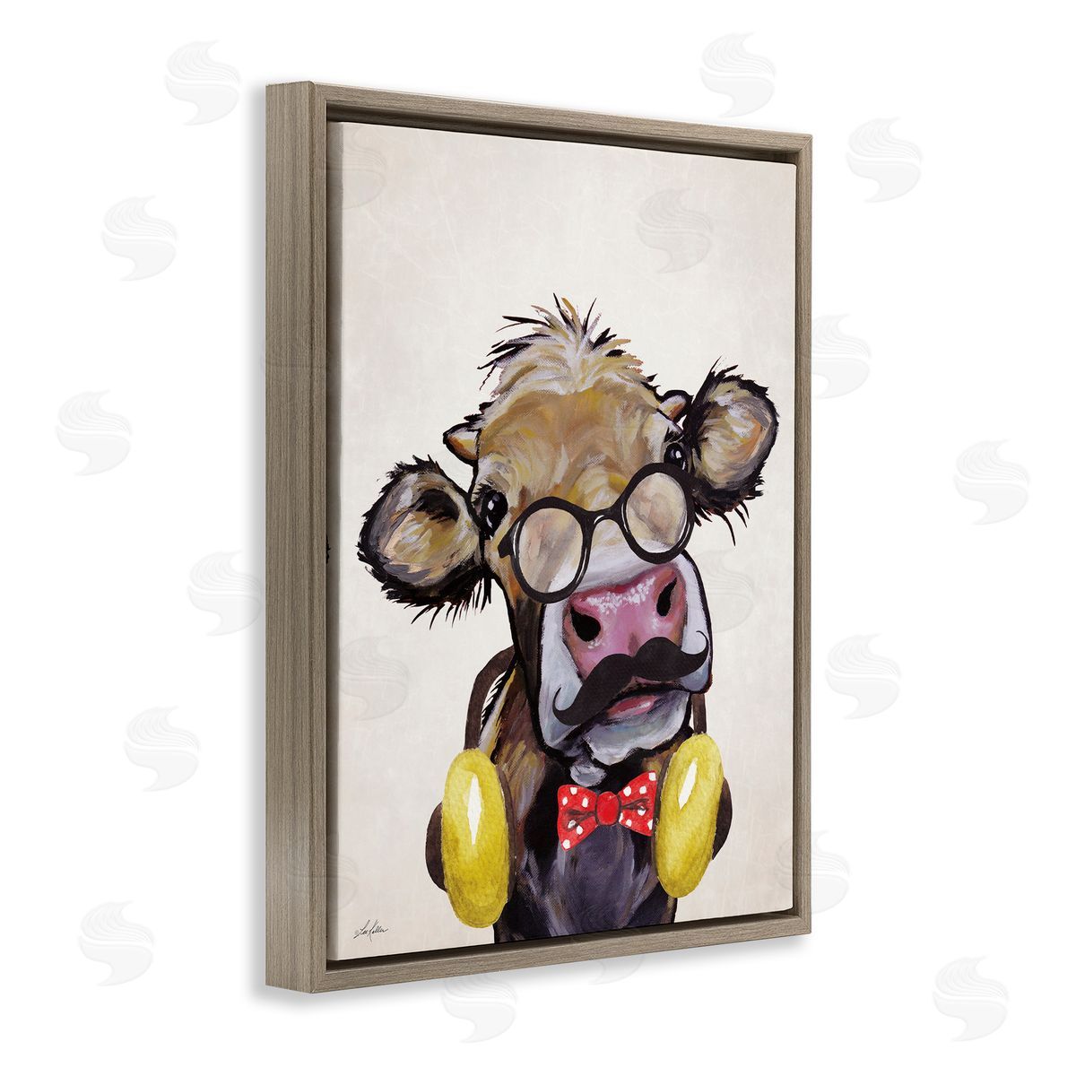 Hipster Cow and Headphones Brown Floating Frame Canvas Wall Art, Home Decor by Lee Keller