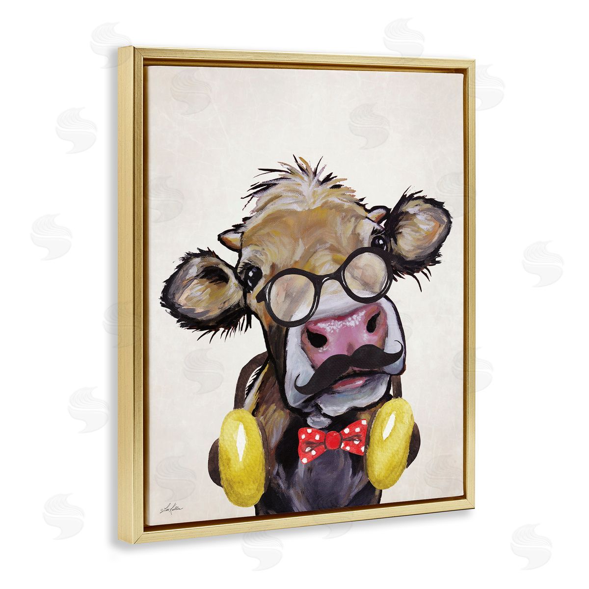 Hipster Cow and Headphones Gold Floating Frame Canvas Wall Art, Home Decor by Lee Keller