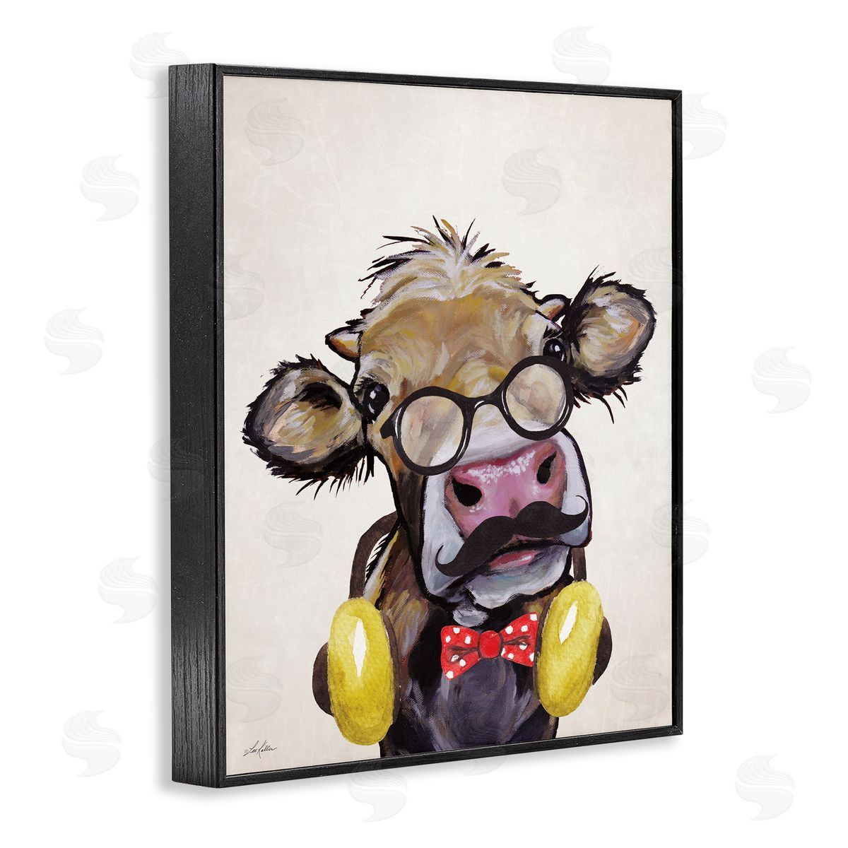 Hipster Cow and Headphones Black Frame Print Wall Art, Home Decor by Lee Keller
