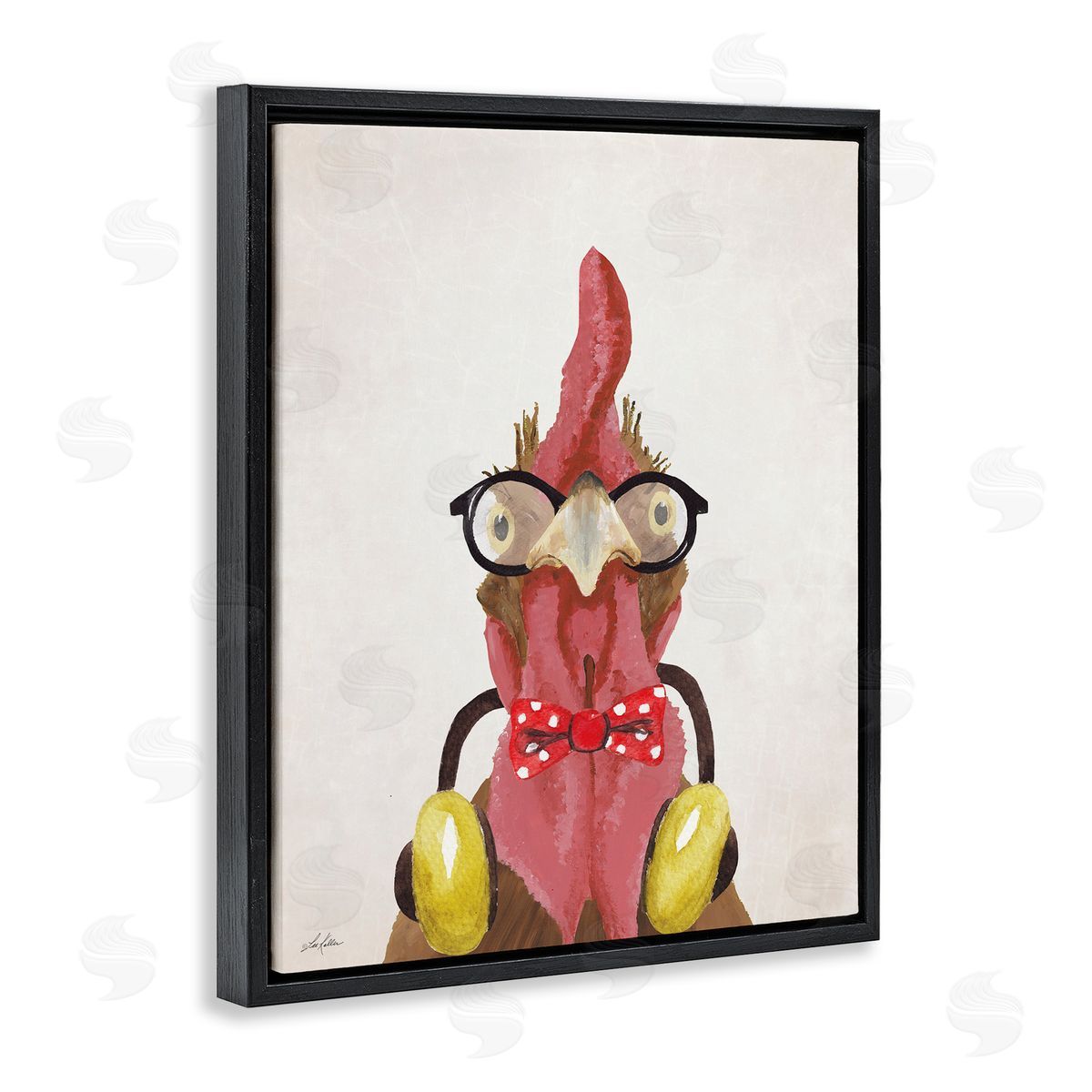 Hipster Bird and Headphones Black Floating Frame Canvas Wall Art, Home Decor by Lee Keller