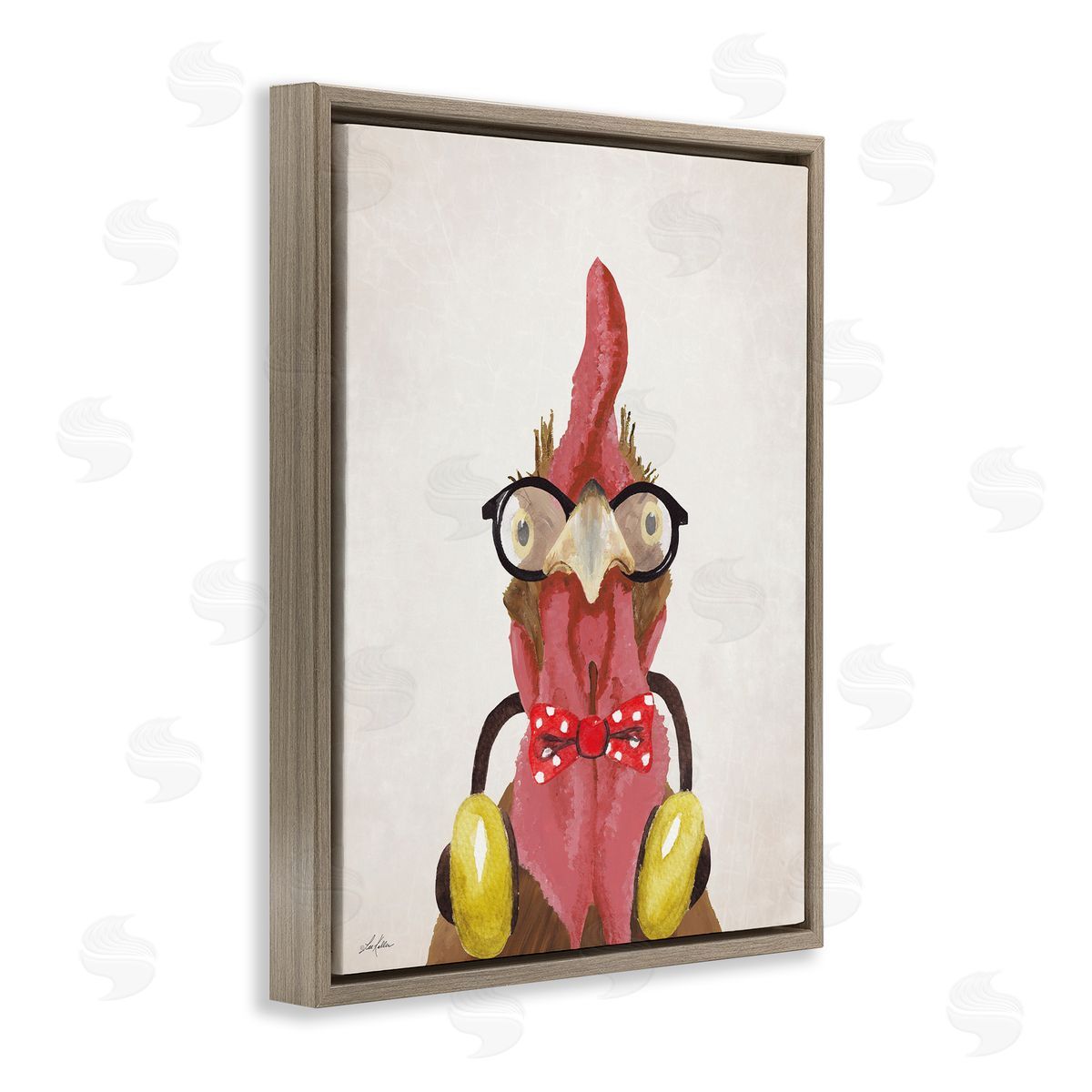 Hipster Bird and Headphones Brown Floating Frame Canvas Wall Art, Home Decor by Lee Keller