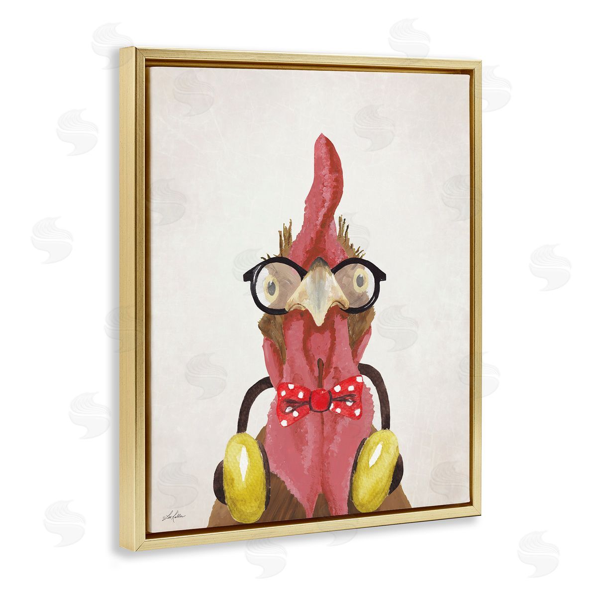Hipster Bird and Headphones Gold Floating Frame Canvas Wall Art, Home Decor by Lee Keller
