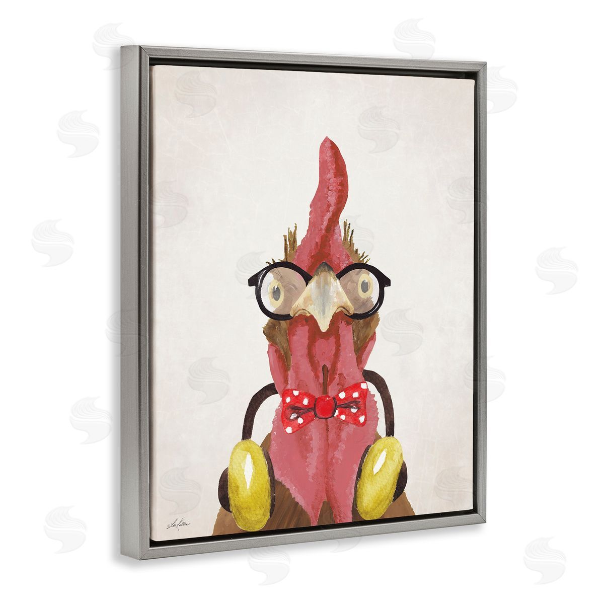 Hipster Bird and Headphones Grey Floating Frame Canvas Wall Art, Home Decor by Lee Keller
