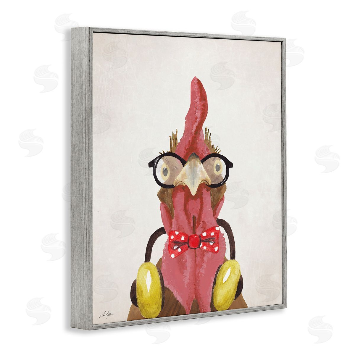Hipster Bird and Headphones Grey Frame Print Wall Art, Home Decor by Lee Keller