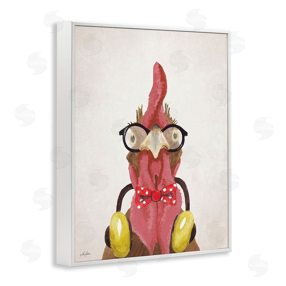 Hipster Bird and Headphones White Frame Print Wall Art, Home Decor by Lee Keller