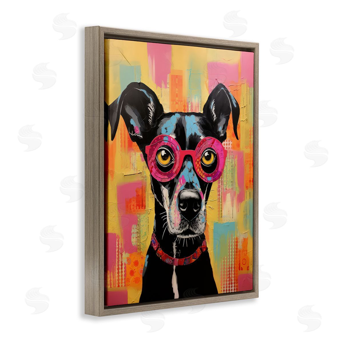 LSR Design Studio Dog with Fun Glasses Brown Floating Frame Canvas Wall Art Print