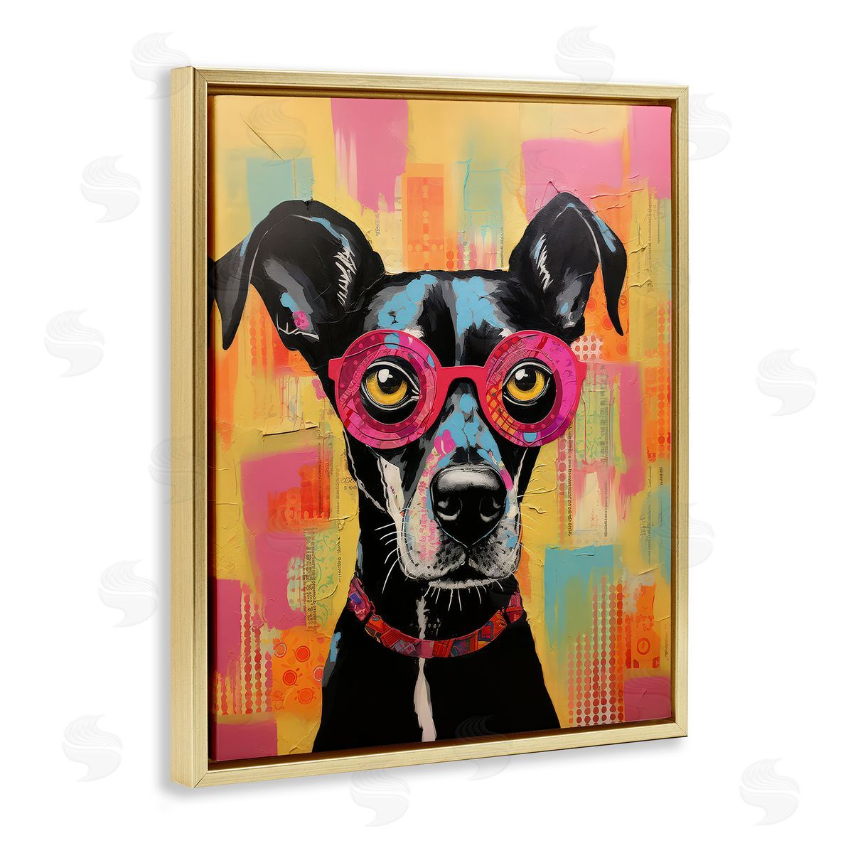 LSR Design Studio Dog with Fun Glasses Gold Floating Frame Canvas Wall Art Print