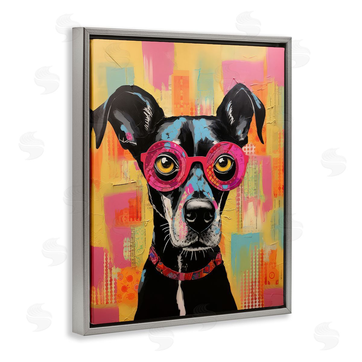 LSR Design Studio Dog with Fun Glasses Gray Floating Frame Canvas Wall Art Print
