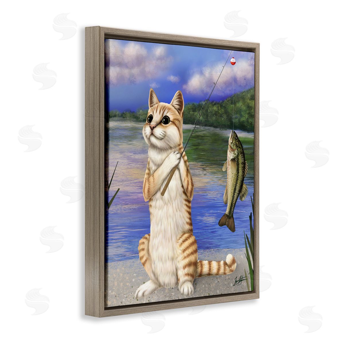 Fishing Cat by Lake Brown Floating Frame Canvas Wall Art, Home Decor by Mehu Art