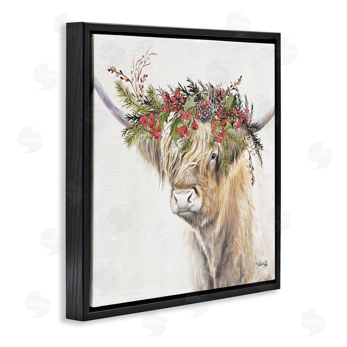 Cattle with Seasonal Berries Black Floating Frame Canvas Wall Art, Home Decor by Marla Rae