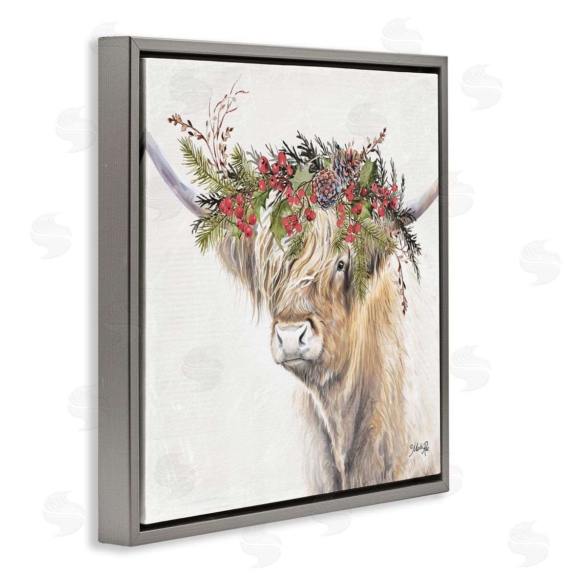 Cattle with Seasonal Berries Grey Floating Frame Canvas Wall Art, Home Decor by Marla Rae