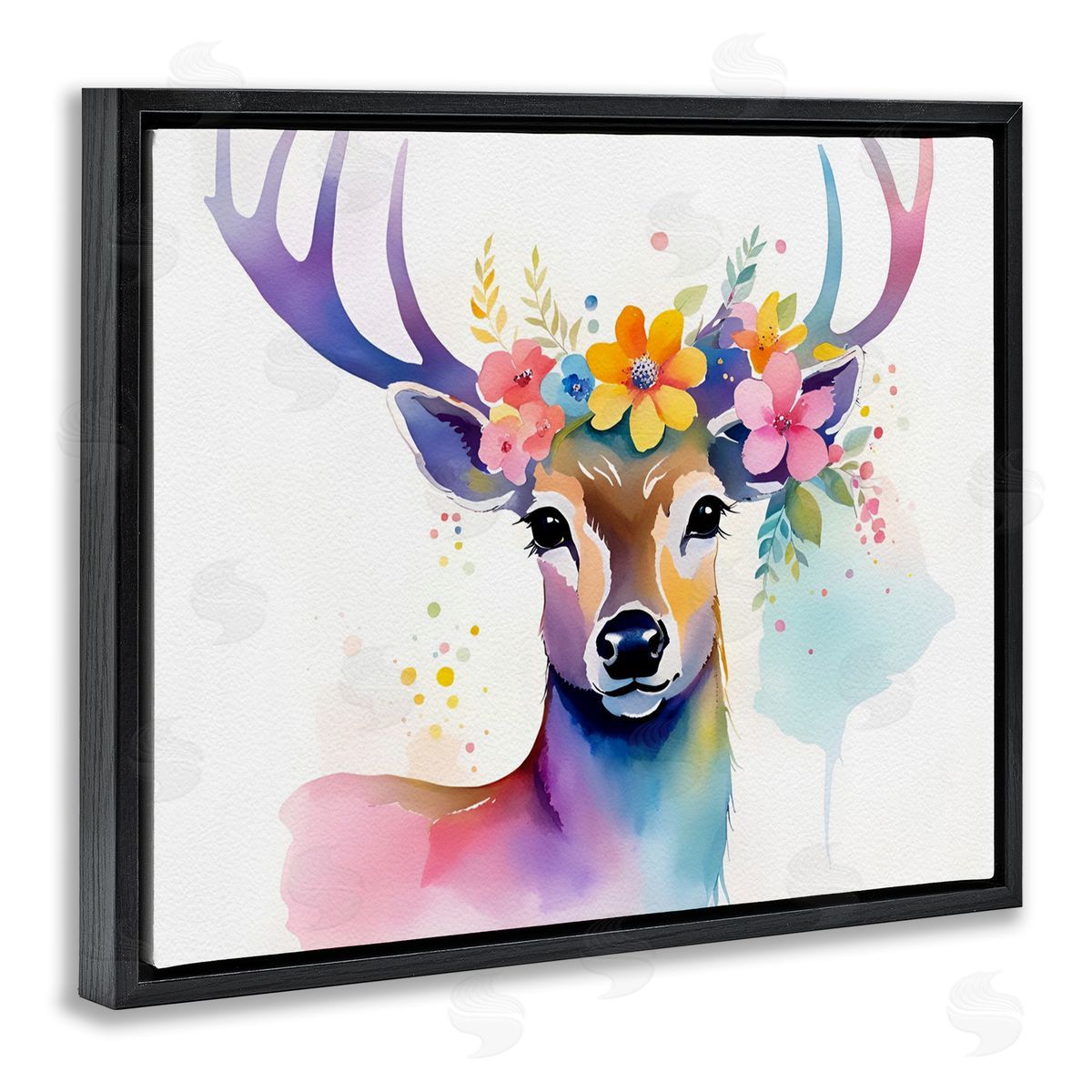 Floral Garland Deer Black Floating Frame Canvas Wall Art, Home Decor by Amber Clarkson