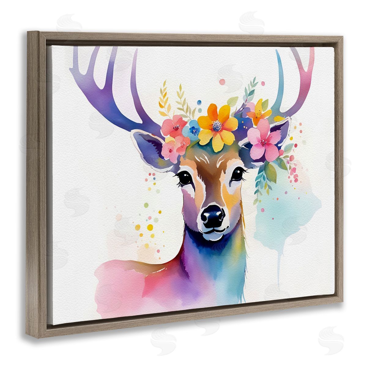 Floral Garland Deer Brown Floating Frame Canvas Wall Art, Home Decor by Amber Clarkson