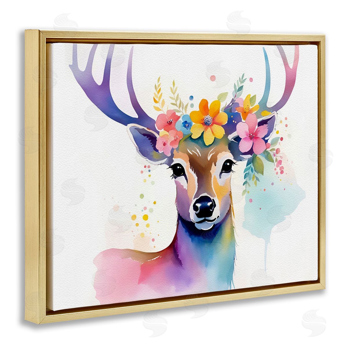 Floral Garland Deer Gold Floating Frame Canvas Wall Art, Home Decor by Amber Clarkson